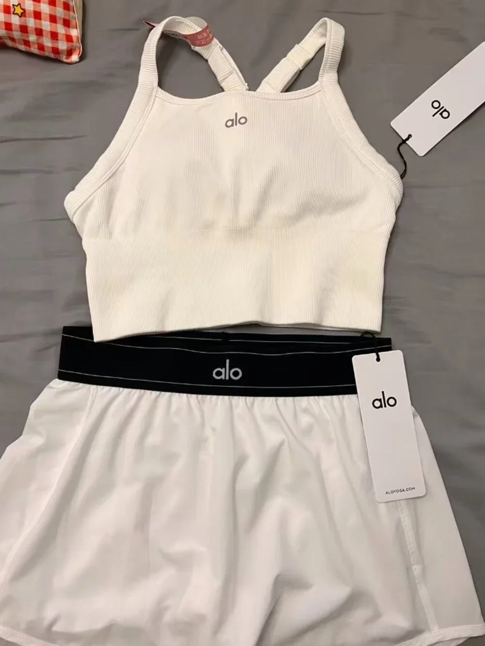 ALO Yoga White Mini Skort with Black Waistband